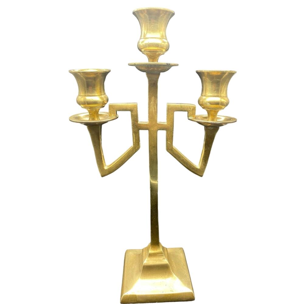 Vintage Brass Art Deco‎ Candelabra Pair Geometric Taper Candle Holders 12"
